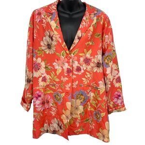 Johnny Was Women Blazer Size Medium Red Collar Silk Button Down Long Sleeve EUC